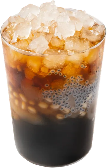Longan Grass Jelly: dark grass jelly under amber syrup with longan and tiny seeds, topped with crushed ice