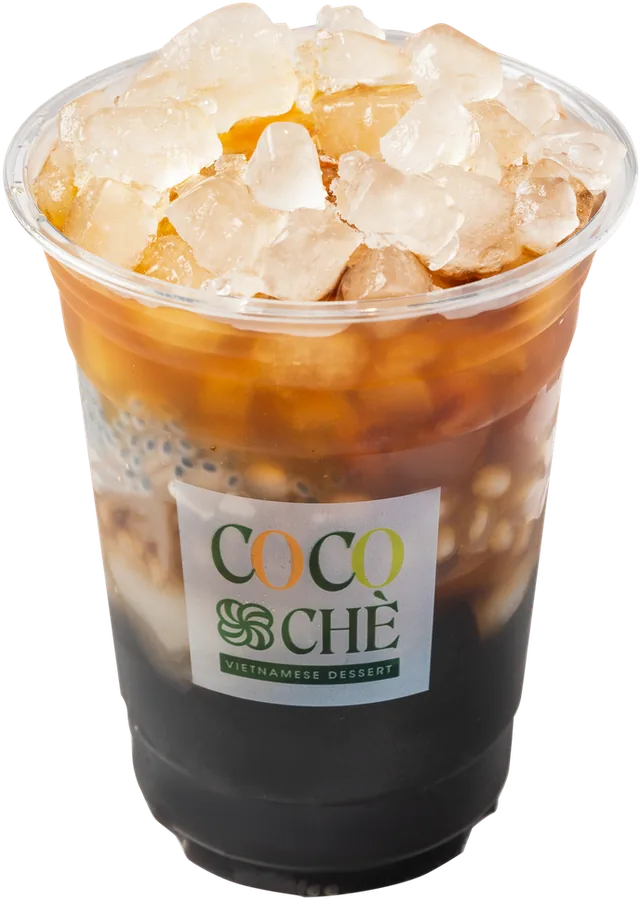 Longan Grass Jelly in a Cocochè to-go cup, dark grass jelly and longan in amber syrup under crushed ice