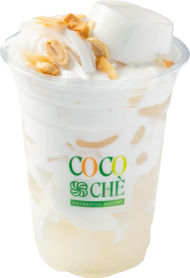 Ly Chè Dừa Dầm mang đi của Cocochè, dừa non nạo sợi trong nước cốt dừa béo ngậy, phủ một miếng tròn màu trắng và đậu phộng rang