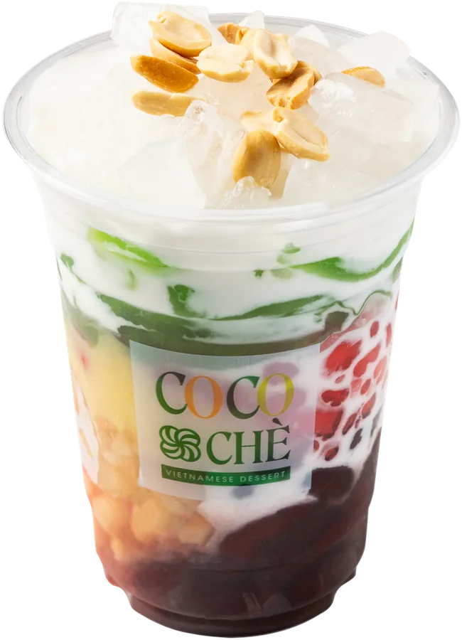 Three Colors chè in a Cocochè to-go cup, layered red beans, red jelly bits and green pandan jelly under coconut cream and roasted peanuts